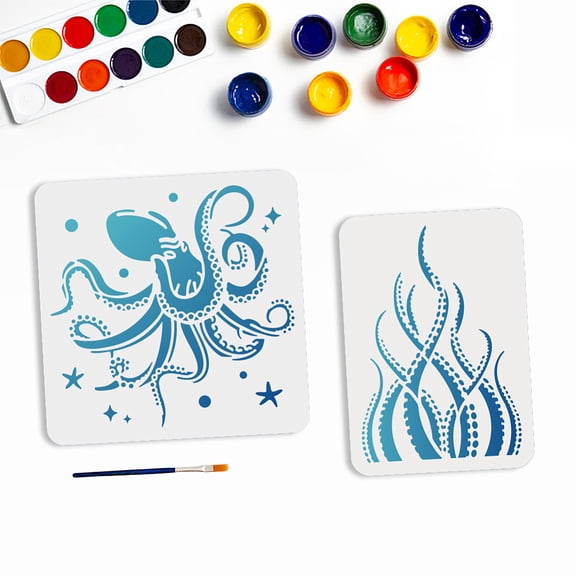1 Set PET Hollow Out Drawing Painting Stencils for DIY Scrapbook Photo Album with 1Pc Art Paint Brushes Octopus 210~300x297~300mm 2pcs/set