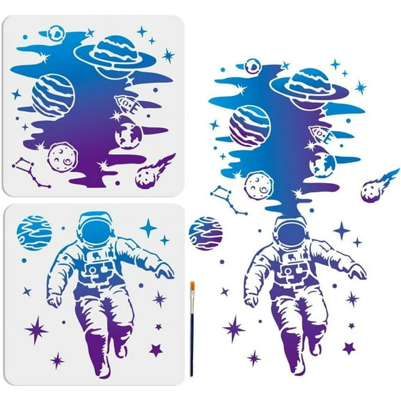 1 Set PET Hollow Out Drawing Painting Stencils for DIY Scrapbook Photo Album with 1Pc Art Paint Brushes Planet 300x300mm 2pcs/set