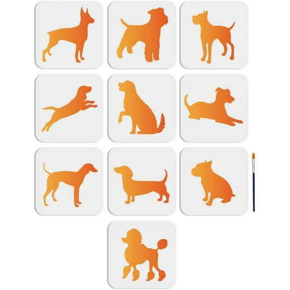1 Set PET Hollow Out Drawing Painting Stencils with 1Pc Art Paint Brushes for DIY Scrapbook Photo Album Dog 150x150mm 10pcs/set