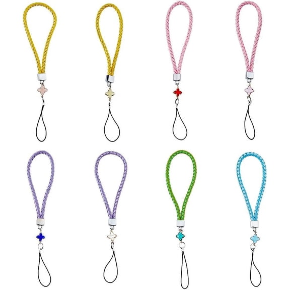 1 Set PU Leather Knitting Wrist Lanyard Hand Mobile Straps with Iron Findings Rope and Glass Flower Charms Mixed Color 21.5cm 8pcs/set
