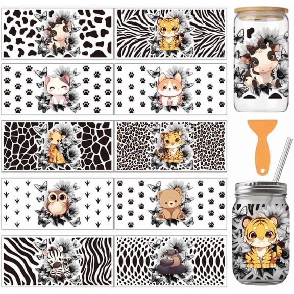 1 Set PVC DIY Heat Transfer Paper for UV Sublimation Cup Animals 110x240mm 1pc/style 10pcs/set for DIY