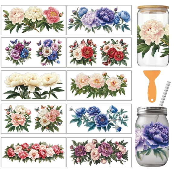 1 Set PVC DIY Heat Transfer Paper for UV Sublimation Cup September Peony 110x240mm 10 style 1pc/style 10pcs/set