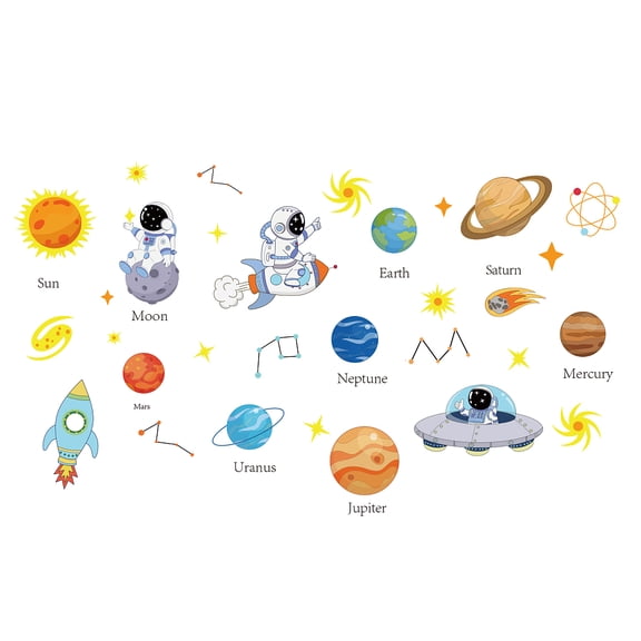 1 Set PVC Wall Stickers Wall Decoration Solar System Space Theme Pattern 1180x370mm 2 sheets/setDIY
