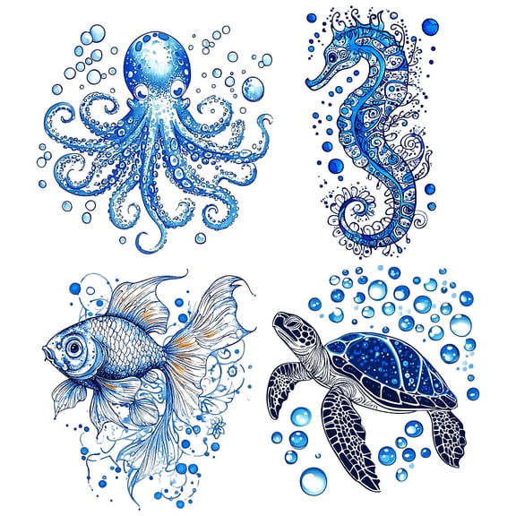 1 Set PVC Window Static Sticker Flat Round Shape for Window or Stairway Home Decoration Marine Animal 160x160mm 4pcs/set