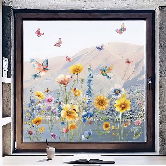 1 Set PVC Window Static Stickers Rectangle Shape for Window Decoration Flower 900x300mm 2pcs/set for DIY