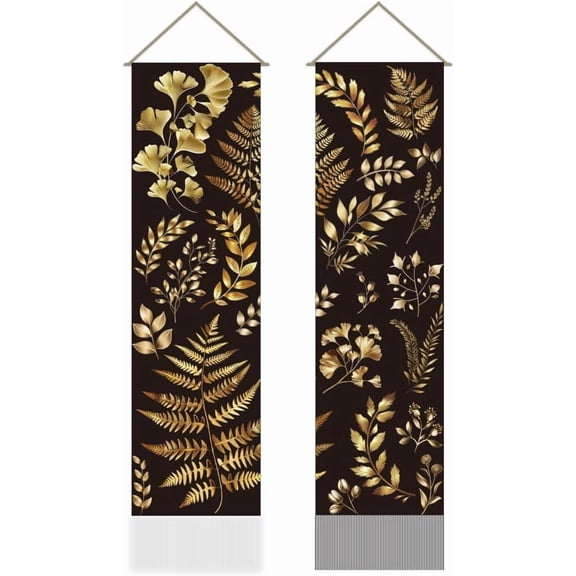 1 Set Pack of 2 Black Gold Botanical Tapestry Boho Leaves Modern Plant Vertical Long Aesthetic Tapestry Doorway Curtain Tassel Wall Hanging