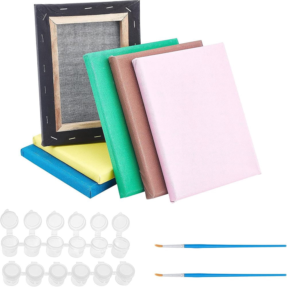1 Set Painting & Drawing Supplie Sets Including Cotton Stretched Blank Canvas with Wooden Frame Plastic Paint Pots Strips & Brushes Pens Mixed Color 21x15x1.6cm 6 colors 1pc/color 6pcs