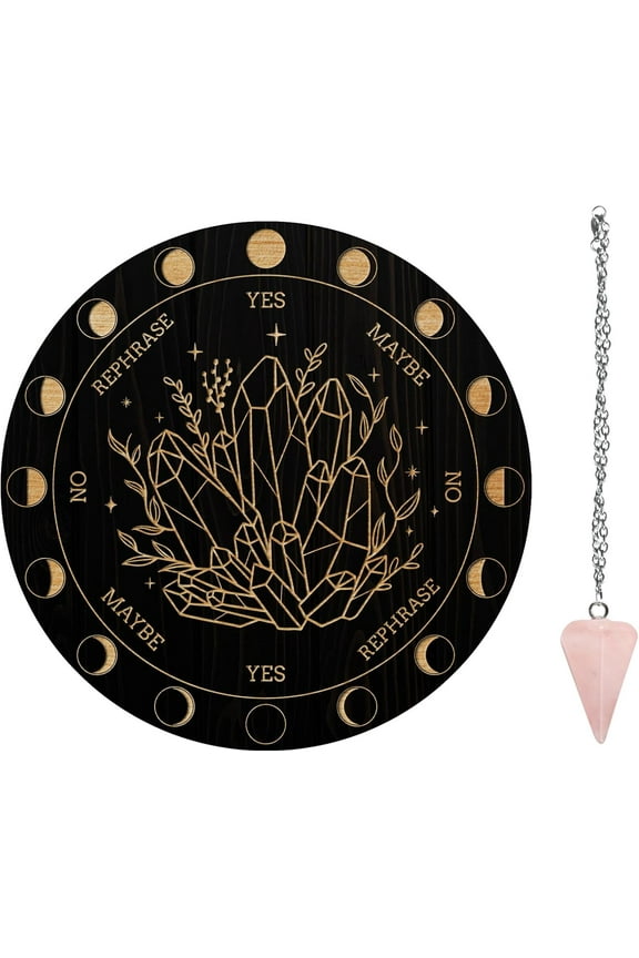 1 Set Pendulum Board Set Wooden Dowsing Divination Board Metaysical Message Board with Crystal Pendulum Necklace for Witchcraft Wiccan Altar Supplies Kit Diamond & Plants