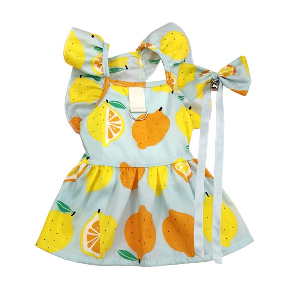 1 Set Pet Skirt Square Neck Ruffle Sleeve Bowknot Collar Lemon Print Summer Pet Dog Cat Dress Pet Supplies