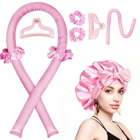 1 Set Pink Heatless Hair Curler with Silk Bonnet, Overnight No Heat Curling Rod for Soft Blowout Waves, No Heat Hair Curling Satin Set for Sleep Styling Tools