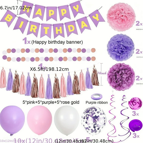 1 Set Pink & Lavender Birthday Party Decorations with Happy Birthday Banner, Hanging Swirls,Tissue Paper Pompoms, Circle Dots Garland, Tassel Garland Purple Balloons, Birthday Decor for Women Girls