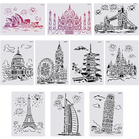 1 Set Plastic Drawing Painting Stencils Templates Famous Buildings Theme White 29x21x0.02cm 10pcs/set DIY Supplies