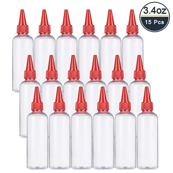 1 Set Plastic Empty Bottle for Liquid Pointed Mouth Top Cap Red 15.3x3.9cm Capacity: 100ml 15pcs/set