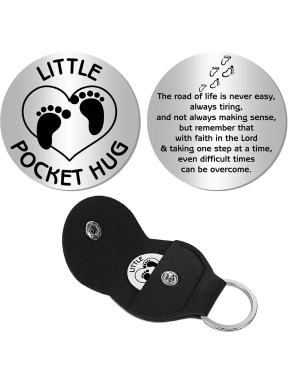 1 Set Pocket Hug Token 201 Stainless Steel Double Sided Inspirational Quote Coin Long Distance Social Relationship Keepsake with PU Leather Keychain