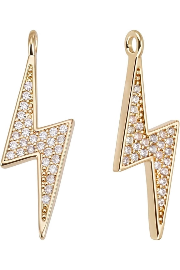 1 Set Rack Plating Brass Micro Pave Cubic Zirconia Pendants Real 18K Gold Plated Charms Lightning Bolt 25x7.5x2mm Hole: 1.5mm