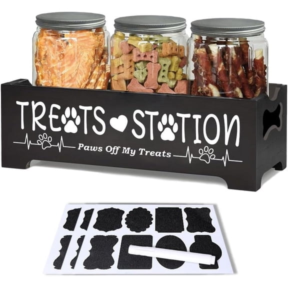 1 Set Rectangle Wood Pet Food Container Box with Column Plastic Storage Containers PVC Blank Label Stickers Pens Black 30.5x12.5x11.8cm