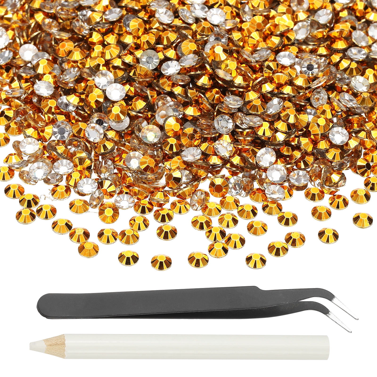 1-Set Resin Flatback Rhinestone, 3mm Flat Back Rhinestones Crystals Bulk for Crafts/Clothes/Nail Decoration, 50000 Pack with 1 Wax Pen and 1 Tweezer [Gold Tone]