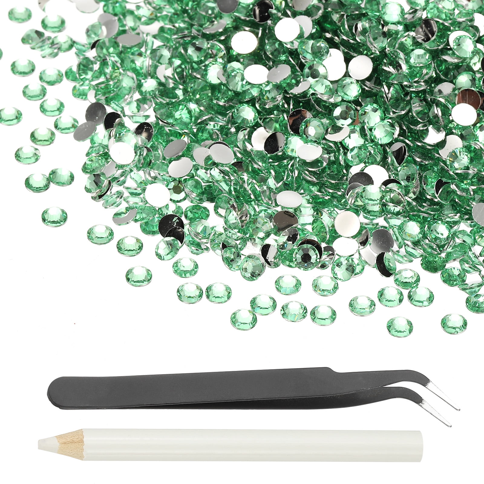 1-Set Resin Flatback Rhinestone, 5mm Flat Back Rhinestones Crystals Bulk for Crafts/Clothes/Nail Decoration, 15000 Pack with 1 Wax Pen and 1 Tweezer [Light Green]