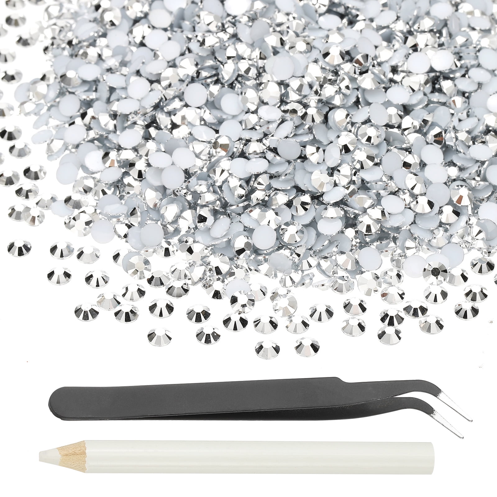 1-Set Resin Flatback Rhinestone, 5mm Flat Back Rhinestones Crystals Bulk for Crafts/Clothes/Nail Decoration, 15000 Pack with 1 Wax Pen and 1 Tweezer [Silver Tone]