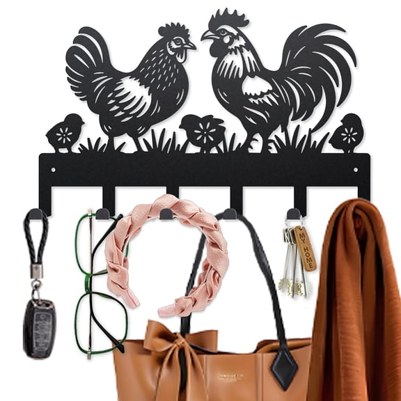 1 Set Roosters Hen Metal Key Hook Chicks Plum Blossom Coat Rack Wall Mounted 15.79.8inch Art Wall Decor Key Holder Organizer Rack with 6 Hooks for Gift Coats Hats Towels Bags Hanging
