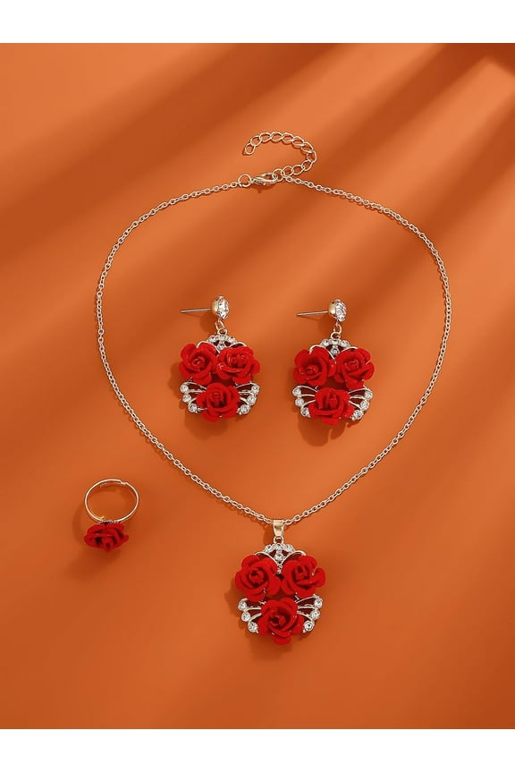 1 Set Rose Jewelry Set Rose Alloy Rhinestone Pendant Necklace Stud Earring Rings Sets for Mom Wife Jewelry Gifts Earring: 50x28mm Red