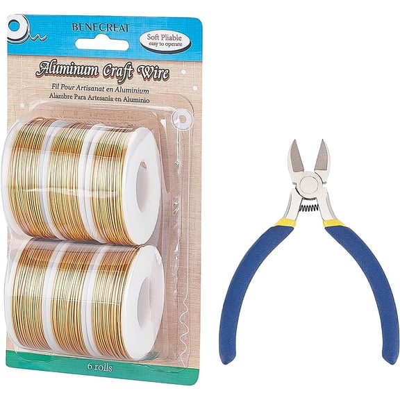 1 Set Round Aluminum Wire with Iron Side Cutting Pliers Gold 17 Gauge 1.2mm 16m/roll 6 rolls