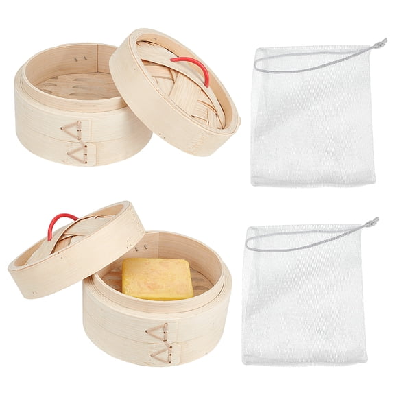 1 Set Round Bamboo Steamer Self-Draining Soap Box with Foaming Nets Soap Saver Mesh Bag Mixed Color Steamers: 133x60.5mm for DIY