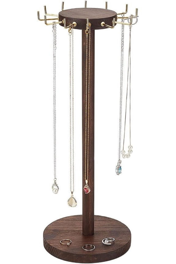 1 Set Round Wood Jewelry Necklace Display Organizer Hanging Tower Rack for Necklaces Bracelets Storage Brown Finish Product: 15.1x41cm