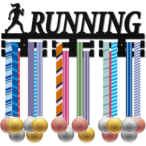 1 Set Running Medal Hanger Display Medal Holder Rack Wood Awards Wall Mount Frame Decor Sports Medal Hangers Over 30 Medals Hanging for Badge Race Runner Marathon Medalist Athlete 15.7 x 6Inch