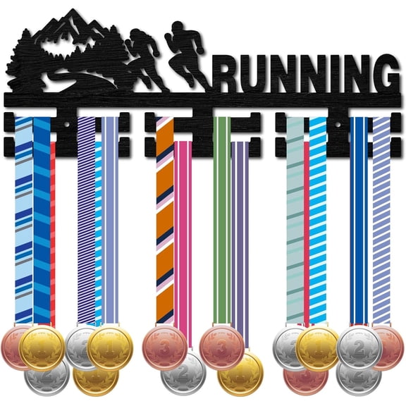 1 Set Running Medal Hanger Medals Display Holder Sports Mountain Trees Black Wood Award Ribbon Organizer Rack Wall Hanging Mount Decor for Runner Player Athlete Marathon Race 15.7x5.9 Inch