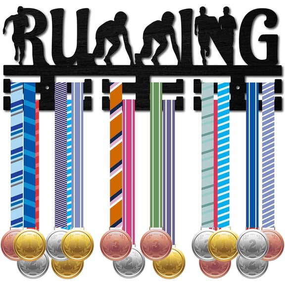 1 Set Running Medal Holder Runner Sport Medal Hanger Medal Rack Display Wooden Wall Rack Mounted over 30 Medals for Run Swimming Bicycle Gymnastics Athletes Champions Medalist Black 15.7x5.9Inch