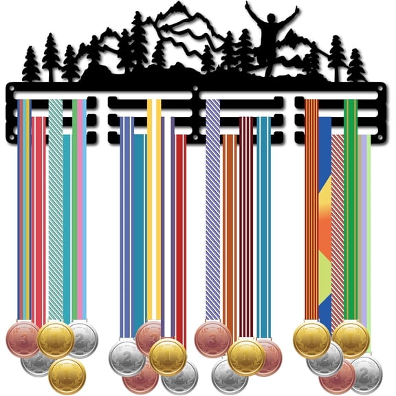 1 Set Running Medal Holder Sports Medal Hanger Display Mountain Trees Cheer Wall Rack Metal Black Hanging Mount Decor Race Ribbons Organizer for Runners Marathon Athlete Players 15.7 x 5.9Inch