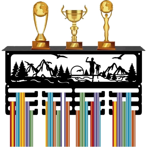 1 Set Running Medal Holder Trophy Shelf Display with 12 Hooks Runner Mountain Tree Sun Bird Metal Medal Hanger Ribbons Rack with Shelf for Wall Mount Hold 60+ Medals Marathon Awards 15.7x8x4 Inch