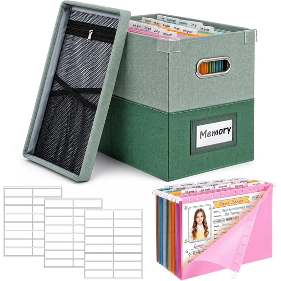 1 Set School Organizer Kit School Memory Box K-12 Memory Box with 15 File Folders 4 Labels 3 Sticker Class File Organizer Boxes for Storage Picture Keeper Office(Green)