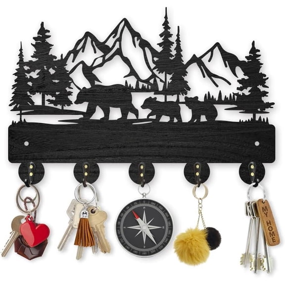 1 Set Self-Adhesive Bear Forest Coat Hooks 11.87.9inch Wood Bear Family Mountain Key Holder for Wall 5 Alloy Hooks Wild Animal Wall Art Decor