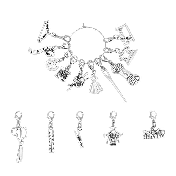 1 Set Sewing Theme Alloy Locking Stitch Markers with Lobster Claw Clasps Mxied Sewing Tools Antique Silver & Platinum 2.8~5cm 15pcs/set