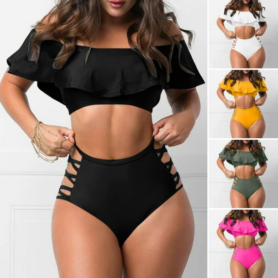 1 Set Sexy Off Shoulder Bikini Set Ruffled Trim Bandeau Bra High Waist Hollow Out Swimming Trunks Set Push Up Swimwear