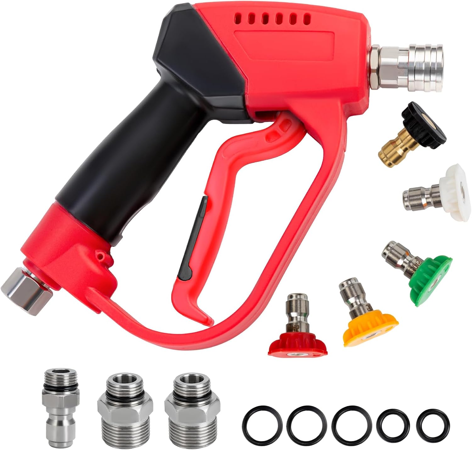 1 Set Short Pressure Washer Gun 5000 PSI 5 Spray Nozzle Tips 3/8 Inch Quick Connect Plug M22 Fittings 12 GPM