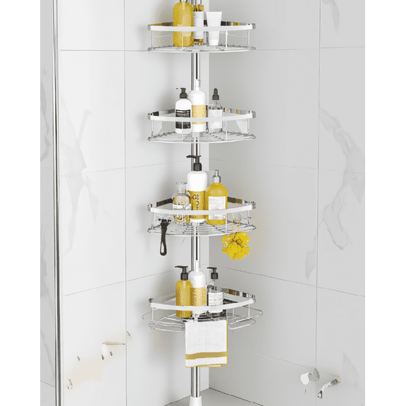 1 Set Shower Corner with 4 Adjustable Shelves, Tension Pole Bathroom Organizer, 34-116 Inch