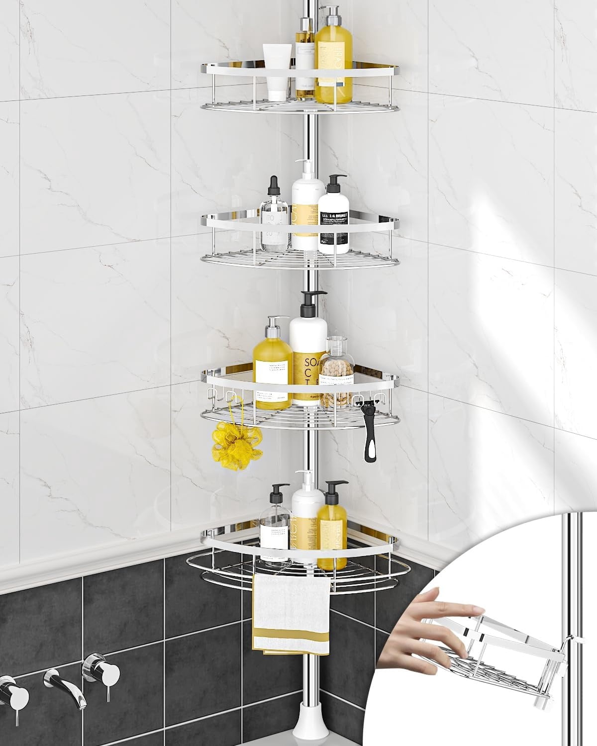 View of 1 Set Shower Corner with 4 Adjustable Shelves, Tension Pole, Rust ...