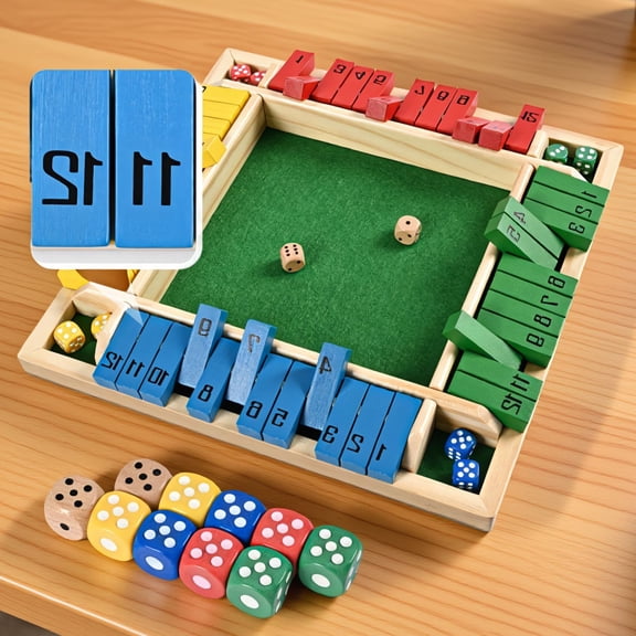 1 Set Shut The Box Board Game 12-Inch 4-Way Wooden Game for 2-4 Players with 8 and 12 Number Tiles