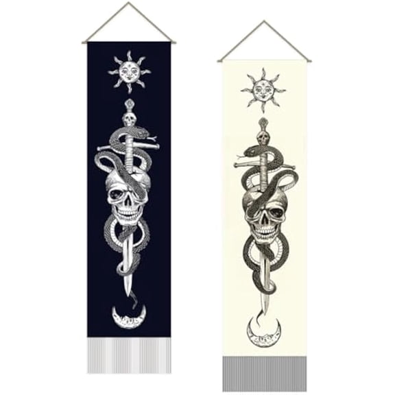 1 Set Skull Tapestry Sword and Snake Wall Art Tapestry Moon Sun Wall Blanket 2 Tapestries Long Tapestry Wall Hanging with Tassel Design for Living Room Bedroom Dorm Decorations Gifts for Christmas