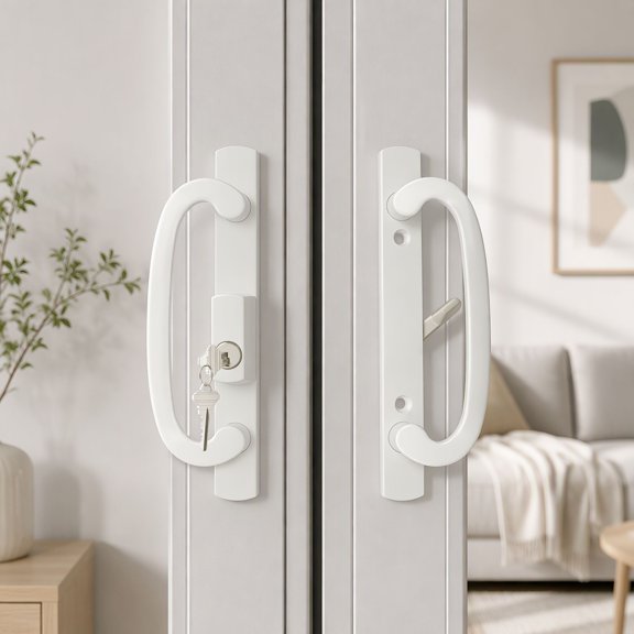 1 Set Sliding Patio Glass Door Handle Set, Fits Legacy & Sash Controls P/N 2265, 45 Keyway, No Mortise Lock, 3-15/16 Inch Hole Centers, Non-Handed, White Diecast, A/B Position