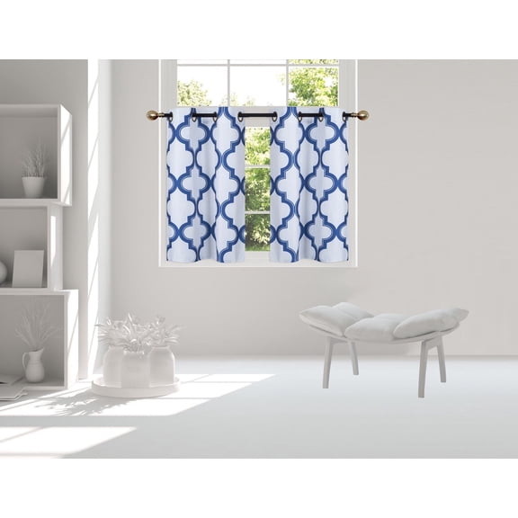 1 Set Small Window Curtain  Printed Flowers Mosaic 2-Tone Panels Faux Silk Blackout Panels with Grommets 30 x 36 x 2 (Royal) 7LO