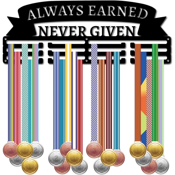 1 Set Sports Medal Holder Hanger Awards Medals Display Rack Frame Metal Run Race Ribbon Hanging Iron Hooks for Wall Mounted 60+ Medals Runners Marathon Gymnastics Dance-Always Earned Never Given