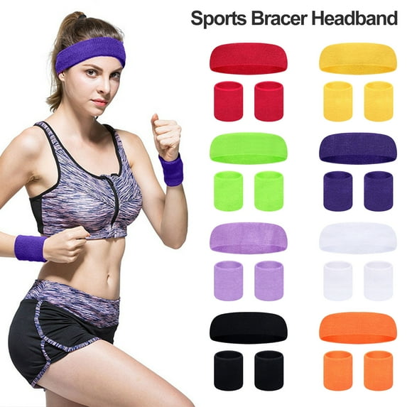 1 Set Sports Sweat Bands Three-piece Set for Women Men Sweat-absorbing Breathable Head & Wrist Protection Soft Elastic Colorful Fitness Headband Wristband Set for Running Yoga Basketball Soccer Gym