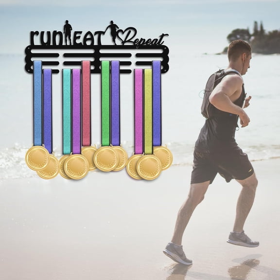 1 Set Sports Theme Iron Medal Hanger Holder Display Wall Rack with Screws Word Run Eat Repeat Running Pattern 150x400mm
