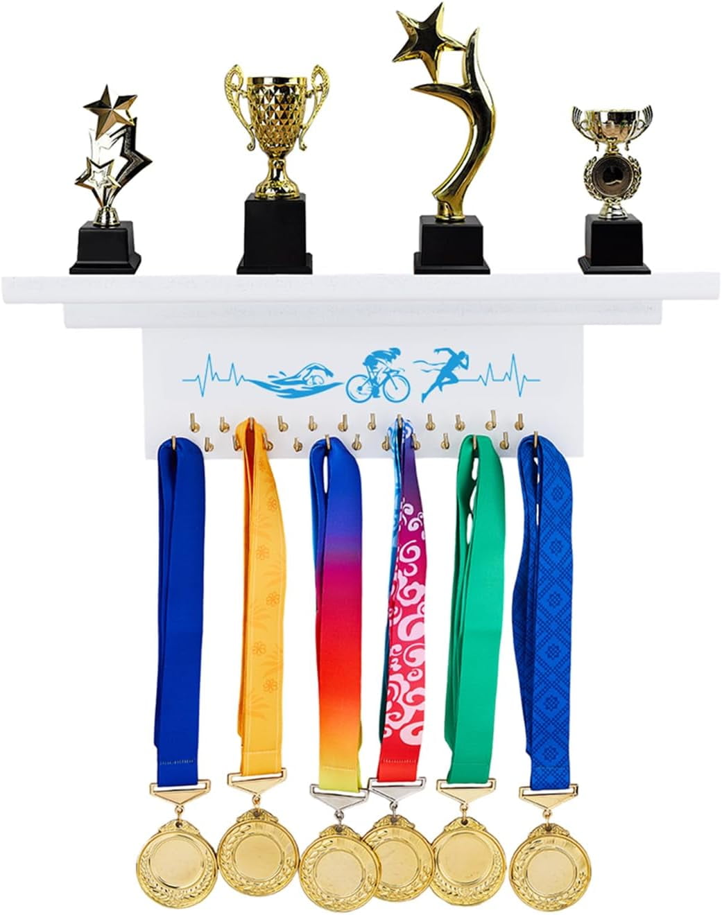 1 Set Sports Wooden Medal Hanger Display with Trophy Shelf Triathlon Medal Holder Trophy Display Shelf Run Swim Bike Ribbon Holder Medals Wall Hanger Race Wood Award Ribbon Organizer for Gymnast