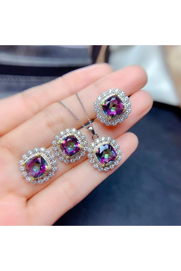 1 Set Square Alloy Rhinestone Pendant Necklace & Stud Earring & Finger Ring Sets Volcano 400mm
