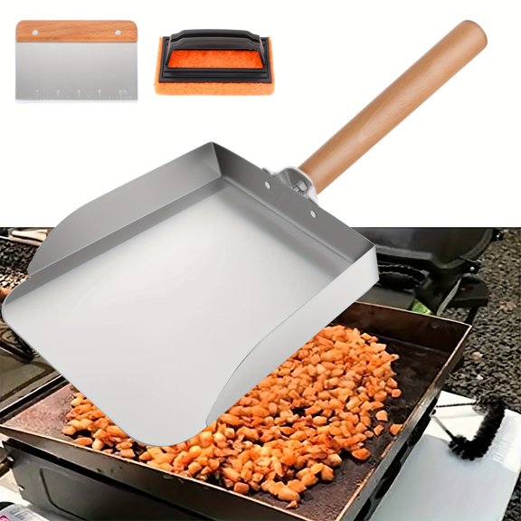 1 Set Stainless Steel BBQ Grill Tool Kit, Food Safe Spatula for Flipping Burgers, Rice, Fries, and Vegetables with Cleaning Scraper and Scouring Pad - Durable Outdoor Cooking Accessory